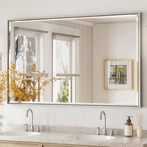 Vista 15 de Espejo de baño negro, espejo de baño biselado de 16 x 24 pulgadas para pared, espejo con marco negro antioxidante para decoración de baño, sala
