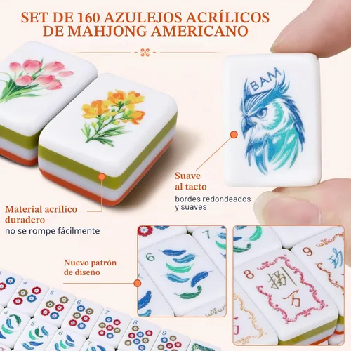 Vista 3 de Juego de azulejos Mahjong americanos de acrílico de 4 capas grabadas Naranja oscuro