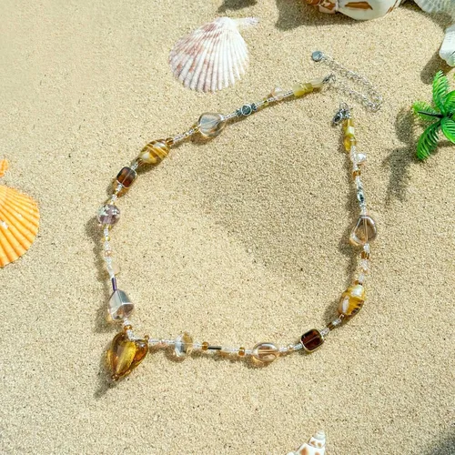 Vista 4 de HZMAN Bohemian Stone Glass Beaded Beads Choker Necklace for Women Girls Handmade Adjustable Beach Necklace Jewelry Gift