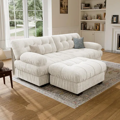 Vista 18 de Sofá modular de gran tamaño de 90 pulgadas con otomana móvil, asiento profundo en forma de L, cómodo sofá de nube de felpilla de 3 asientos modernos