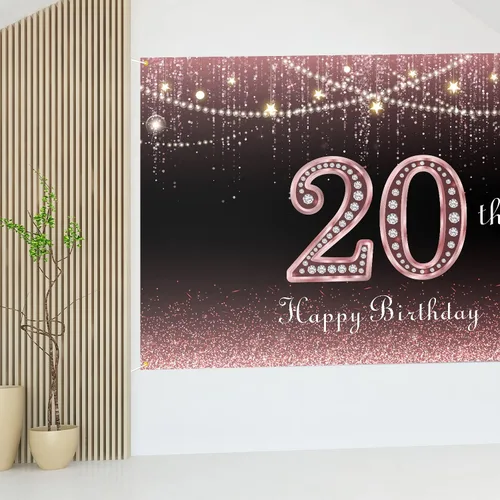 Vista 7 de HAMIGAR Fondo de pancarta de feliz cumpleaños 20 de 6 x 4 pies, decoraciones de cumpleaños de 20 años, suministros de fiesta para mujeres, oro rosa