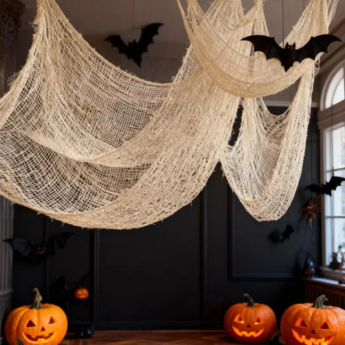 Vista 7 de Qtisky Juego de 5 telas de gasa espeluznante de Halloween, tapiz de gasa de Halloween beige para interiores y exteriores, decoraciones espeluznantes
