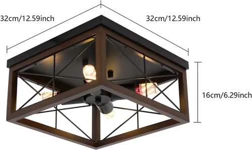 Vista 2 de Lámparas de techo de montaje empotrado de 4 luces, lámpara de techo de madera rústica vintage, metal negro, lámpara de techo industrial retro