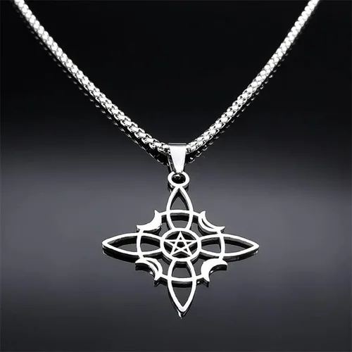 Vista 4 de Collar de nudo celta de pentagrama de bruja, collar de acero inoxidable con luna creciente y estrella, collar de joyería Wicca de acero inoxidable