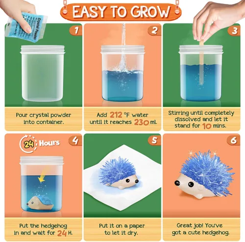 Vista 5 de Kit de Cultivo de Cristales - 2 Erizos de Colores Vibrantes para Cultivar - Kits de Ciencia para Niños de 6-8 Años, Excelentes Juguetes de Regalo