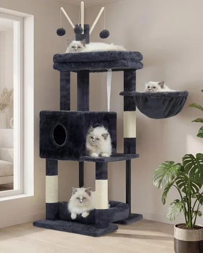 Vista 13 de Heybly - Árbol de gato con cepillo autolimpiante, torre de gato para interior con plataforma acolchada de felpa, casa de gato con cesta, poste