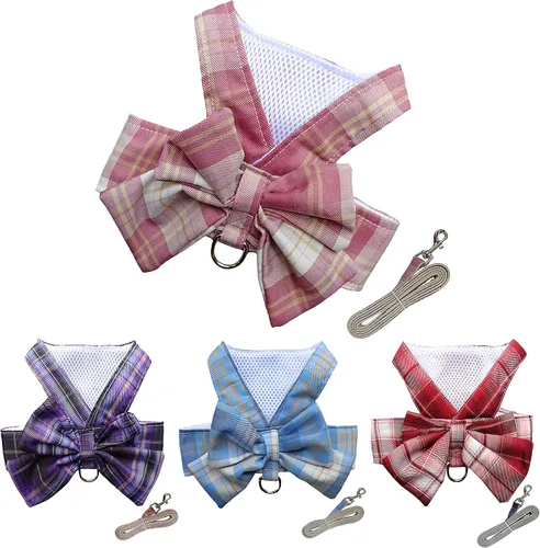 Vista 6 de Conjunto de Vestido a Cuadros para Perro con Corbata de Moño, Arnés y Correa, Ropa para Perro Vestido con Arnés con Anilla para Correa para Perras