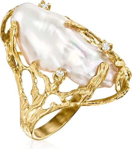 Vista 3 de Ross-Simons Anillo de perlas barrocas cultivadas de 0.394 x 0.945in con detalles de diamantes en oro amarillo de 14 quilates, Perla, multi