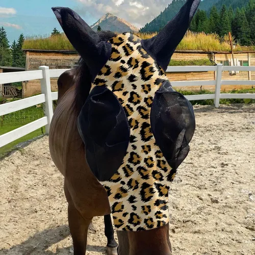 Vista 2 de Máscara de mosca de caballo UV mejorada con orejas – Protector solar equino Lycra Quiet Ride Elasticity Fly Mask con protección para los oídos