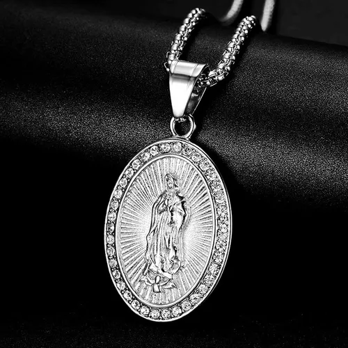 Vista 2 de Cadena con dije redondo de Santa María para hombre, collar con dije redondo de Santa María, para niño, momia, egipcio, Akhnaton, motociclista, acero