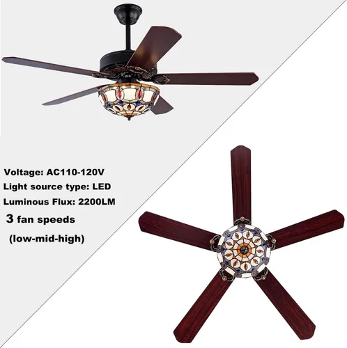 Vista 6 de Ventilador de techo Tiffany de 52 pulgadas con luces y control remoto, ventiladores de techo tradicionales de madera de perfil bajo, ventilador