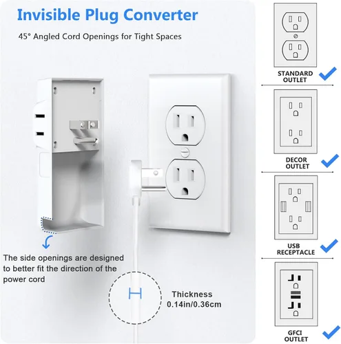 Vista 5 de Regleta protectora contra sobretensiones con cable de extensión plano, cubierta de tomacorriente, 6 salidas de CA