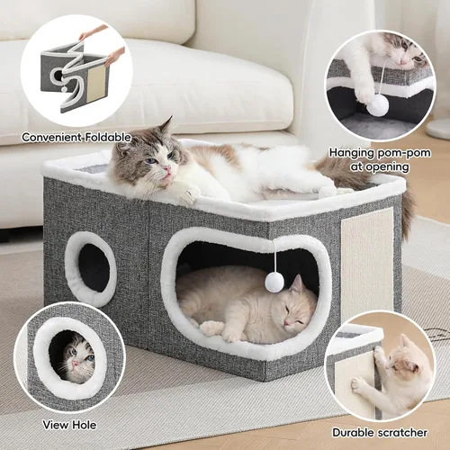 Vista 5 de Casas extra anchas para gatos de interior, cueva grande cubierta Gris