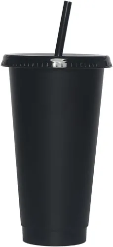 Vista 8 de Vasos de plástico de 24 onzas con tapas y pitillos, tazas de café helado resistentes y seguras para alimentos con tapa, vaso de plástico Negro