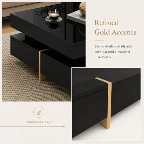 Vista 6 de Mesa de centro moderna con almacenamiento, mesa de centro cuadrada contemporánea con cajones, mesa central moderna de alto brillo para sala de Negro
