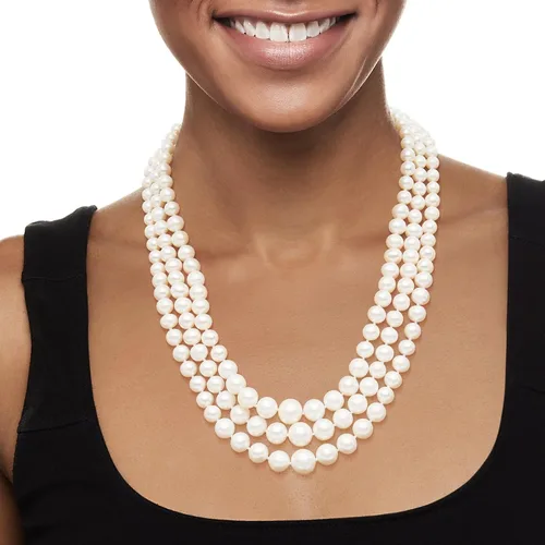 Vista 2 de Ross-Simons 6-11.5mm Cultured Pearl Graduated 3-Strand Necklace With 14kt Yellow Gold