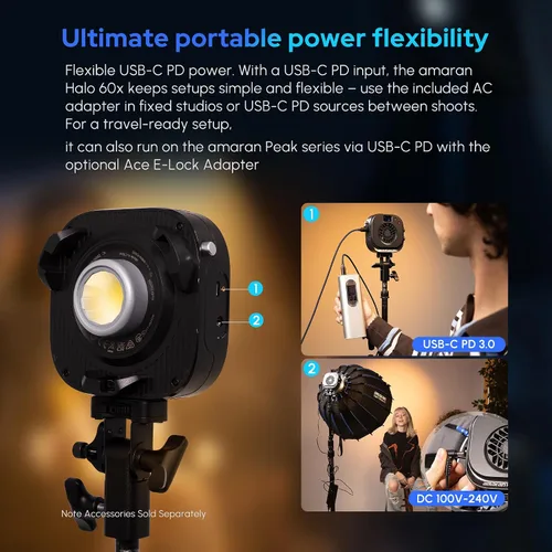 Vista 3 de Aputure Amaran Halo 60 x 63 W COB LED luz de video bicolor 2700k-6500k,3,270 lux @ 3.3 ft, luz de viaje ultracompacta, alimentación USB-C PD