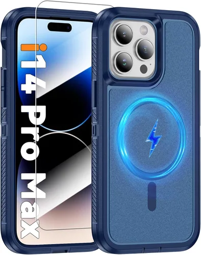 Vista 12 de Funda magnética para iPhone 13/iPhone 14 [compatible con Magsafe] [protector de pantalla de vidrio] [protección de grado militar de doble capa]