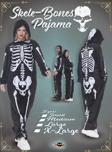 Vista 2 de ReneeCho Pijama de esqueleto con capucha para adultos, hombres y mujeres, disfraz de Halloween, overol de una pieza, color negro, Negro
