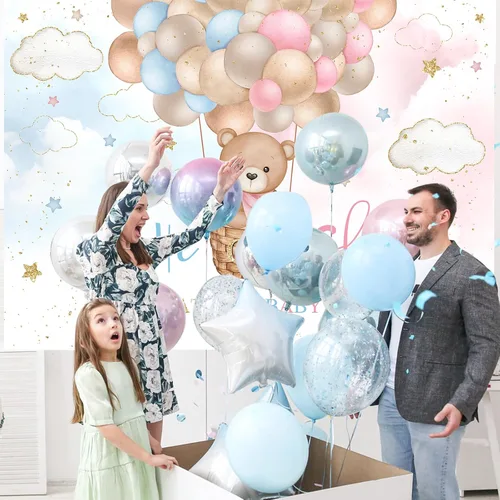 Vista 6 de Mocsicka Fondo de globo aerostático de oso rosa o azul, oso rosa o azul, para revelar el género, We Can Bearly Wait Gender Reveal Party Cake Table