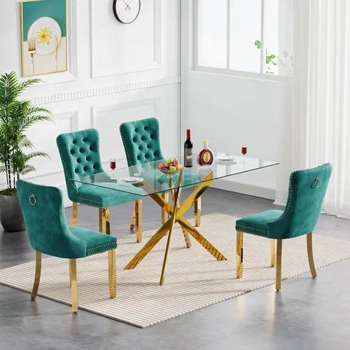 Vista 26 de Juego de mesa de comedor de cristal para cocina de 4, 5 piezas, mesa de comedor rectangular de 51 pulgadas con 4 sillas de cocina de terciopelo