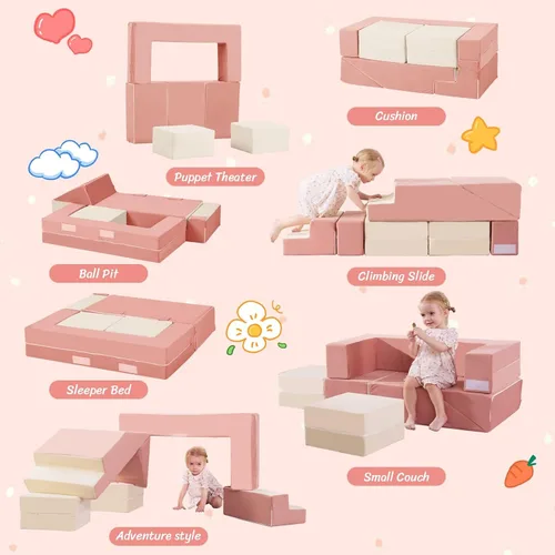 Vista 3 de Bloques de escalada de espuma para niños pequeños Sofá modular para niños con 2 otomanas en interiores, juego plegable suave para gatear