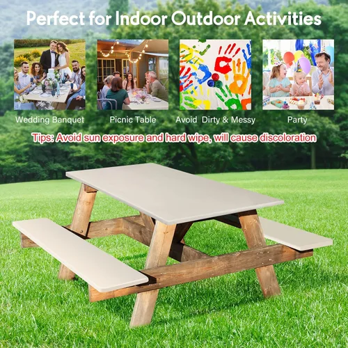 Vista 5 de Funda de mantel ajustable de 3 piezas para mesa de pícnic y bancos, para mesa de 6 pies, 30 x 72 pulgadas, vinilo con bordes elásticos ajustables