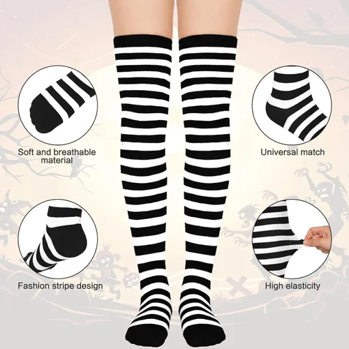 Vista 5 de GODORIO Calcetines a rayas de Halloween, medias altas hasta el muslo por encima de la rodilla, medias para mujeres y hombres para fiesta de cosplay