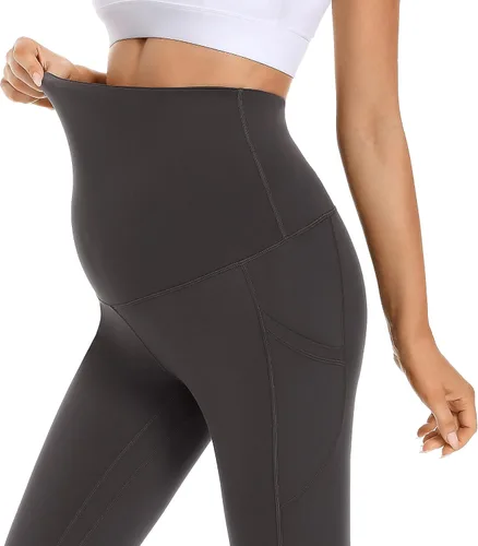 Vista 2 de Foucome Leggings de maternidad para mujer con bolsillos sobre el vientre, leggings de entrenamiento para yoga, pantalones de trabajo activo