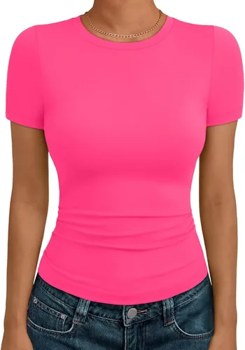Vista 31 de AUTOMET - Camisetas básicas de manga corta para mujer, para verano, entrenamiento o gimnasio, con cuello redondo, ropa moderna estilo Y2K