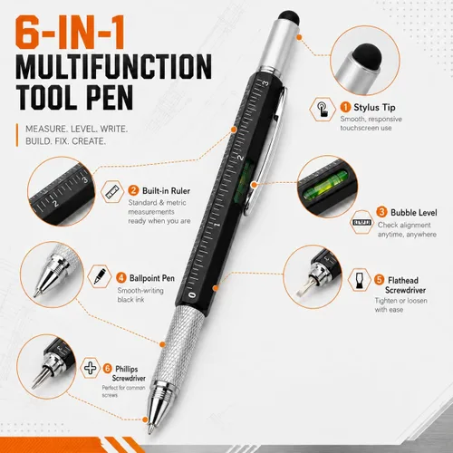 Vista 4 de MROOFUL 8 Pack Multitool Pens with Ruler, Bubble Level and Stylus Tip, Refillable Metal Ballpoint Utility Pens with 20 Black Ink Refills for Office