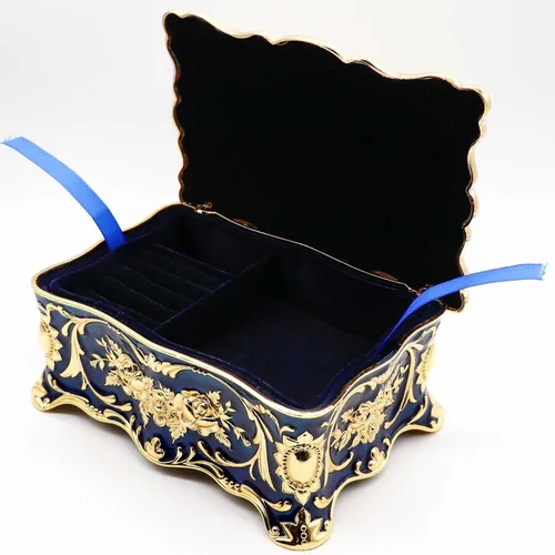 Vista 4 de Caja de joyería de lujo vintage rectangular de aleación de metal con organizador de baratijas y patrón de rosas para mujeres y niñas, diseño de dos