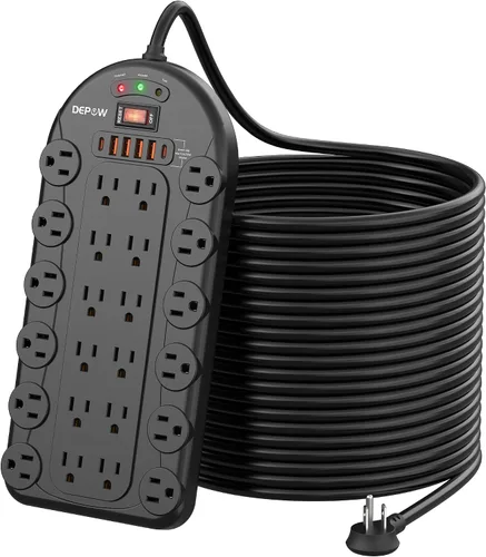 Vista 10 de DEPOW Regleta protectora contra sobretensiones de 6.5 pies con 24 salidas de CA (1875 W/15 A), 6 USB (2 puertos USB-C), 3,400 julios, cable de Negro