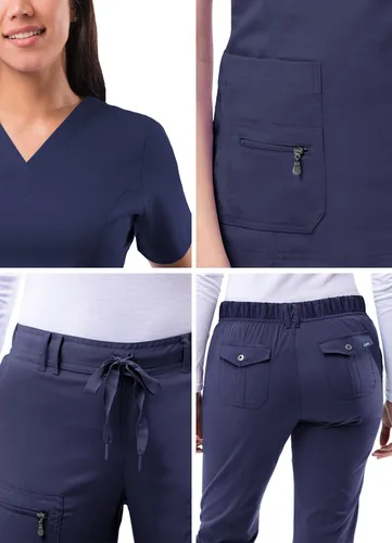Vista 5 de Adar Pro Breakthrough Plus - Conjunto de uniforme médico para mujer, parte superior con cuello en V mejorado y pantalones con múltiples bolsillos