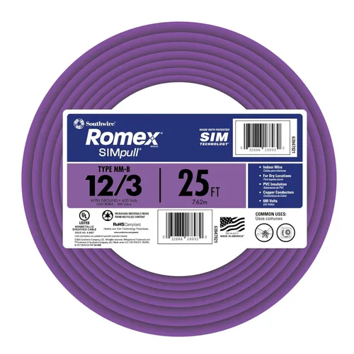 Vista 2 de Southwire Romex™ Brand Simpull Solid Indoor 12/3 W/G NMB Cable Bobina de 50 pies - SW 63947622
