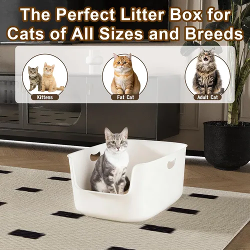 Vista 5 de Caja de arena blanca de plástico de alta cara para gatos de entrada baja, 22.8 x 15 x 8.66 pulgadas con protector contra salpicaduras, interior liso