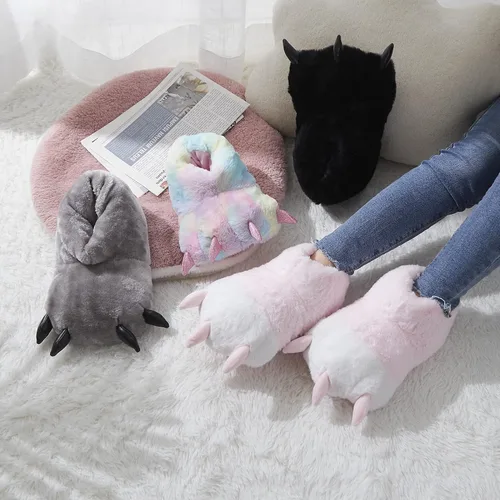 Vista 6 de Pantuflas de pata de animal de felpa cálidas para el hogar, zapatos de espalda cerrada, mullidas y divertidas garras peludas para niños, niñas
