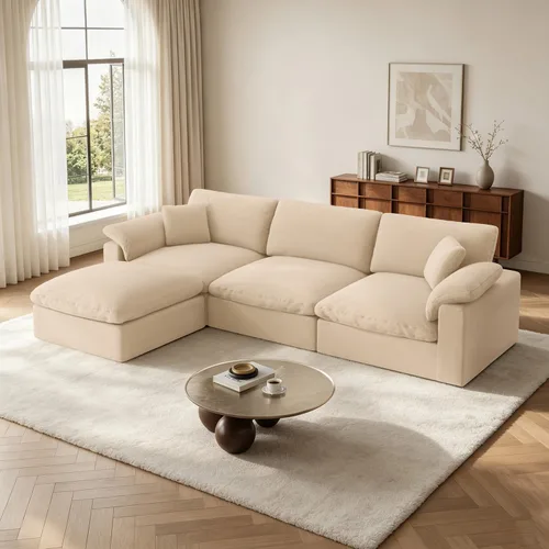 Vista 9 de Sofá modular Cloud para sala de estar, sofás de mezcla de lino en forma de L, modernos sofás de nube de asiento profundo, sofás seccionales Beige