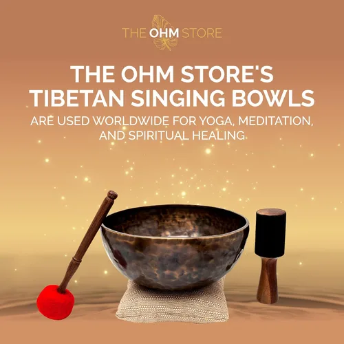 Vista 2 de Juego Grande de Cuencos Tibetanos Cantores por Ohm Store — Cuenco de Meditación de Sonido Jupiter de Bronce Puro de 12 Pulgadas, 2 Mazos y un Cojín
