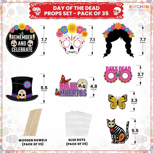 Vista 3 de KatchOn, Juego de accesorios de Halloween, paquete de 35 Accesorio de cabina de fotos del Día de los Muertos para decoraciones de fiesta mexicana