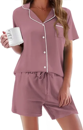 Vista 11 de Ekouaer - Conjunto de pijamas de manga corta para mujer, con botones, suave, 2 piezas, conjuntos de descanso, tallas XS-XXXL Verde Aqua