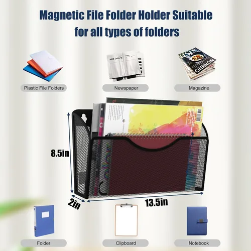 Vista 4 de Soporte magnético para archivos, organizador de carpetas de archivos de 3 bolsillos, estante de revistas colgante de oficina para archivadores