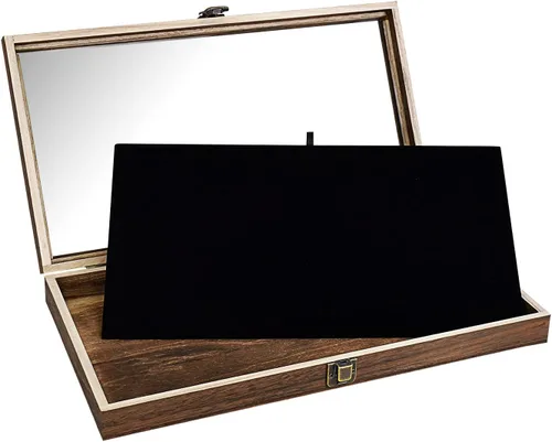 Vista 6 de Alhajerocaja para almacenar cuentas con tapa de vidrio templado y terciopelo negro. Caja de muestra de medallas, premios, alhajas y cuchillos.