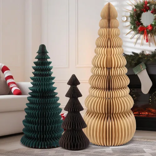 Vista 4 de 3 piezas de árbol de Navidad grande de panal, clásico, beige, verde, marrón