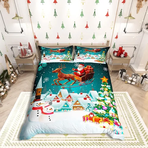 Vista 22 de Juego de funda de edredón con diseño de ciervo de cabaña, tamaño twin, juego de ropa de cama rústica de tablón de madera de árbol de Navidad