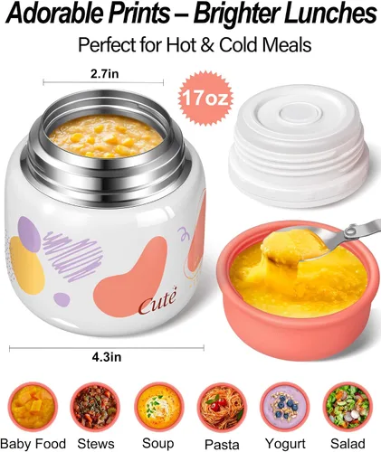 Vista 3 de KTKUDY - Termo de 17 onzas para comida caliente, niños y adultos, boca ancha, cuchara plegable Keeps hot 12 hours & cold 20 hours, Leak-proof