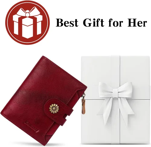 Vista 7 de Cartera de cuero con doble pliegue para mujer, bloqueo RFID, tarjetero compacto, cartera pequeña con ventana para identificación extraíble, A6-rojo