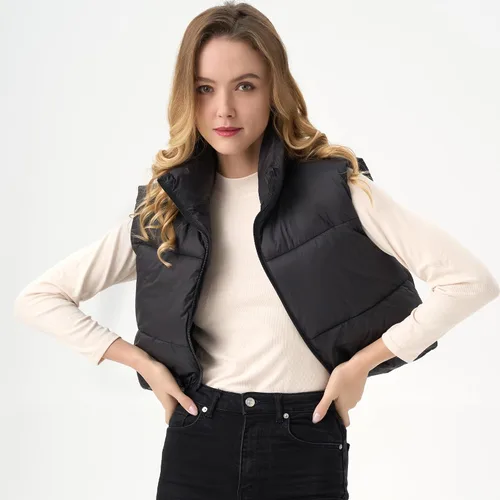 Vista 6 de Chaleco acolchado recortado para mujer, ligero, sin mangas, cálido, para invierno, con cuello alto, acolchado