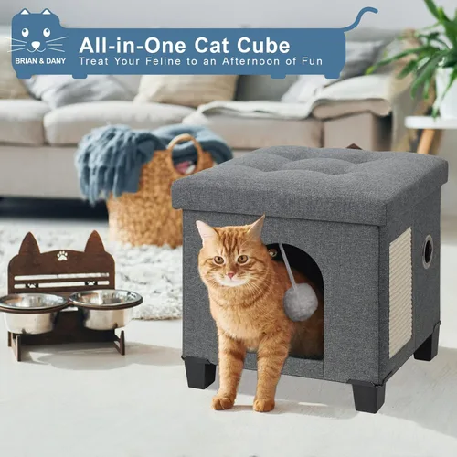 Vista 6 de BRIAN & DANY Casa plegable para gatos, cueva para gatos, cubo para gatos con tablero de rascar y bola, 14.7 x 14.1 x 12.7 pulgadas, gris
