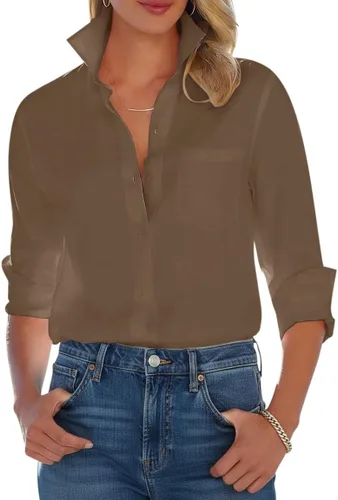 Vista 17 de Camisas con botones para mujer, camisa de vestir de manga larga, sin arrugas, con cuello, camisa de trabajo, casual, blusa de oficina